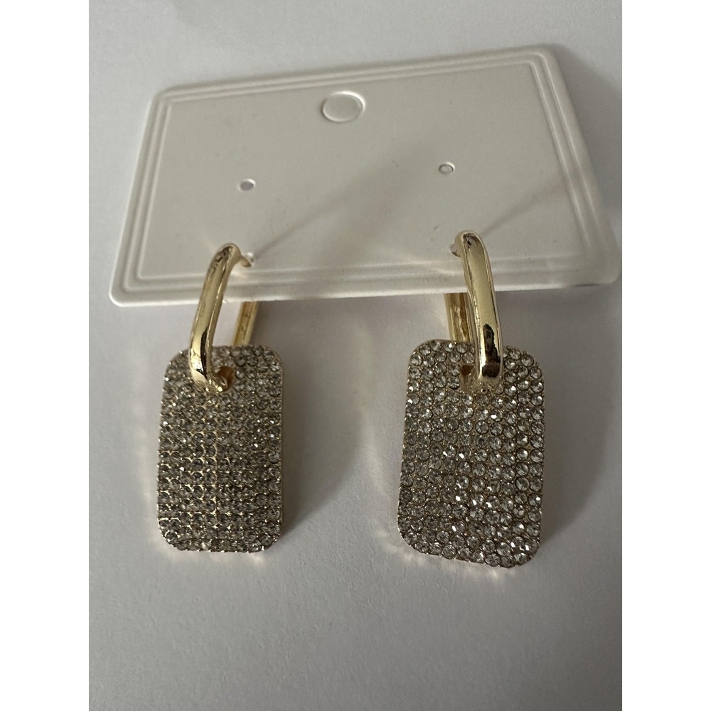 Gold Tone Rhinestone Rectangle‎ Hoop Dangle Earrings Womens 2 Inch Statement